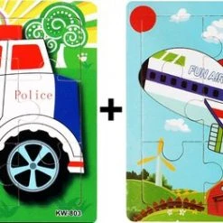 Aslan? 2 Houten Puzzels Van 9 Stukjes - Vliegtuig En Politie Auto - Voor Kinderen Van 1-4 Jaar