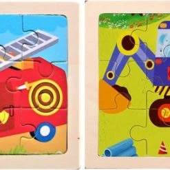 LS Goods Houten Puzzels - 2 Stuks - 9 Delig - Montessori - Graafmachine - Brandweer - 11x11 Cm