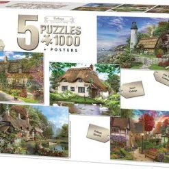King 5 X 1000 Stukjes Puzzel (68 X 49 Cm) - Cottage Collection - 5in1 Legpuzzel Cottages + Posters