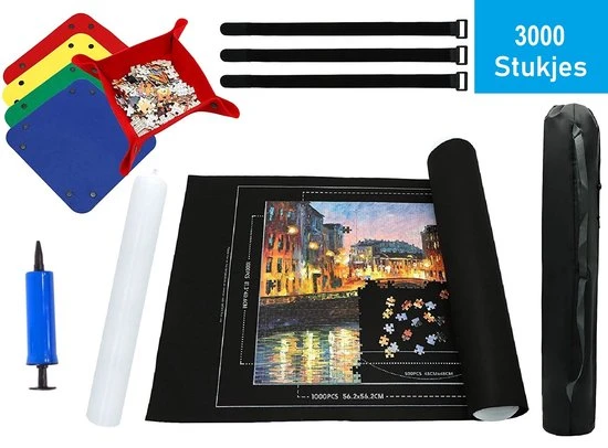 PLAY-IT PLAY IT Puzzelmat XXL 3000 Stuks Oprolbaar - Inclusief Opbergtas, Pomp & Puzzel Bakjes