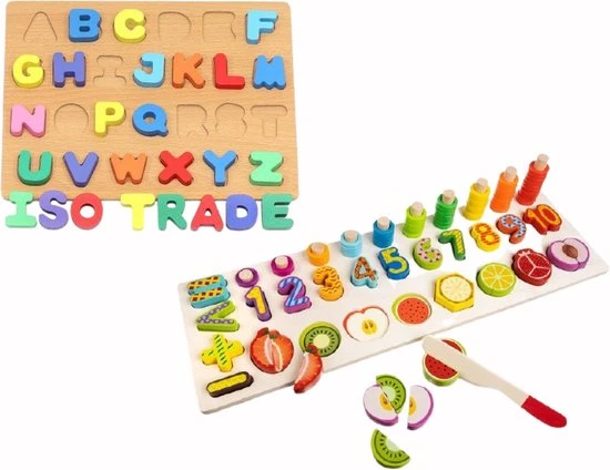 Iso Trade Montessori Educatief Houten 4-in-1 Alfabet Puzzel (Hoofdletters) + Getallen Rekenpuzzel + Vormenpuzzel + Kleuren Tellen En Stapelen Montessori Toys Leer Letters, Cijfers, Vorm + Kleuren