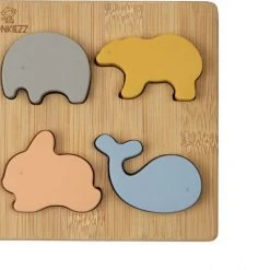 Monkiezz Houten Puzzel - Animal | Educatief | Spellen | Speelgoed | Silicone | Olifant, Ijsbeer, Konijn En Walvis | Vormenpuzzel