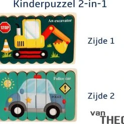 Van Theo Houten Puzzel - Dubbelzijdige Kinderpuzzels - Set 2-in-1 - Montessori Speelgoed - Set Politie Auto En Kraan