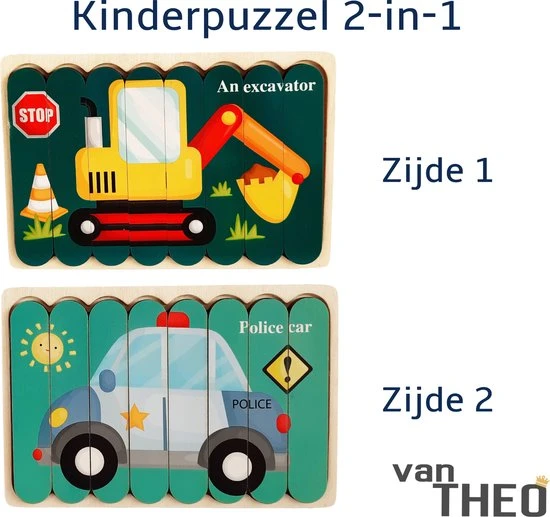 Van Theo Houten Puzzel - Dubbelzijdige Kinderpuzzels - Set 2-in-1 - Montessori Speelgoed - Set Politie Auto En Kraan