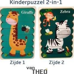 Van Theo Houten Puzzel - Dubbelzijdige Kinderpuzzels - Set 2-in-1 - Montessori Speelgoed - Set Giraf En Zebra