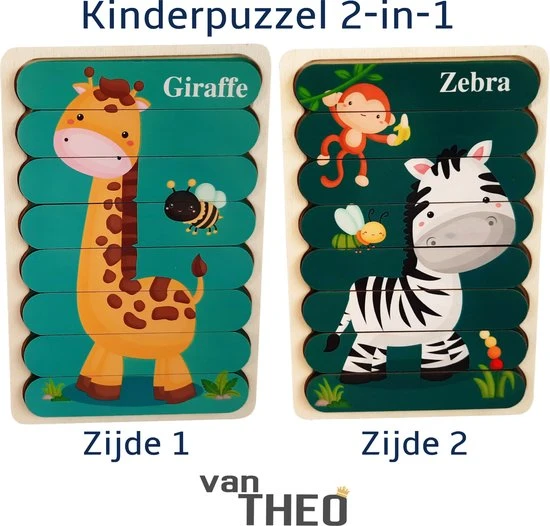 Van Theo Houten Puzzel - Dubbelzijdige Kinderpuzzels - Set 2-in-1 - Montessori Speelgoed - Set Giraf En Zebra