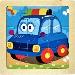 LS Goods Houten Puzzel - 9 Delig - Montessori - Politie Auto - 11x11 Cm