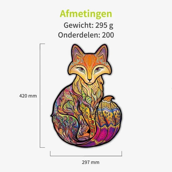 ACROPAQ Houten Puzzel Vos - 200 Stukjes, A3 Formaat 420 X 297 Mm, Puzzel Voor Kinderen En Volwassenen - Afbeelding 3