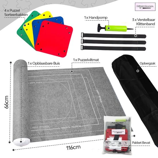HobbyMania Puzzelmat Puzzel Legpuzzel Inclusief Puzzelbakjes En Opbergzak Tot 1500 Stukjes - Grijs - Afbeelding 2