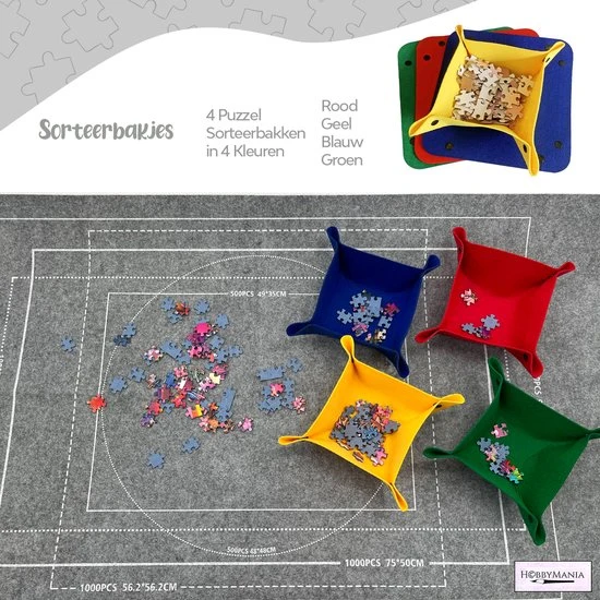 HobbyMania Puzzelmat Puzzel Legpuzzel Inclusief Puzzelbakjes En Opbergzak Tot 1500 Stukjes - Grijs - Afbeelding 3