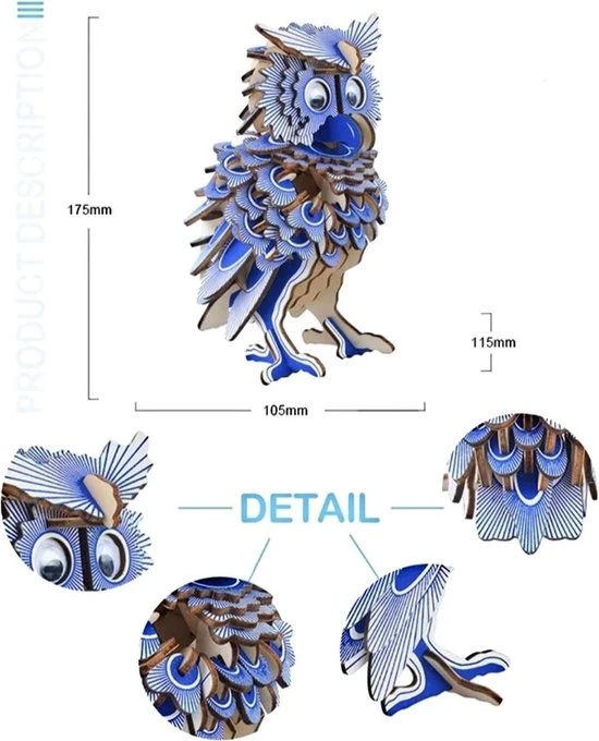 OWL 3D Puzzel Uil | Bouwpakket | Hout | 17.5 CM - Afbeelding 2