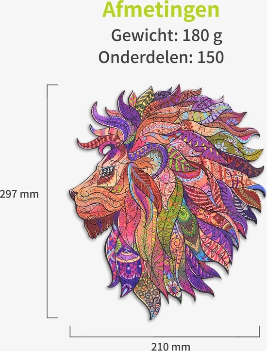 ACROPAQ Houten Puzzel Leeuw - 150 Stukjes, A4 Formaat 210 X 297 Mm, Puzzel Voor Kinderen En Volwassenen - Afbeelding 6
